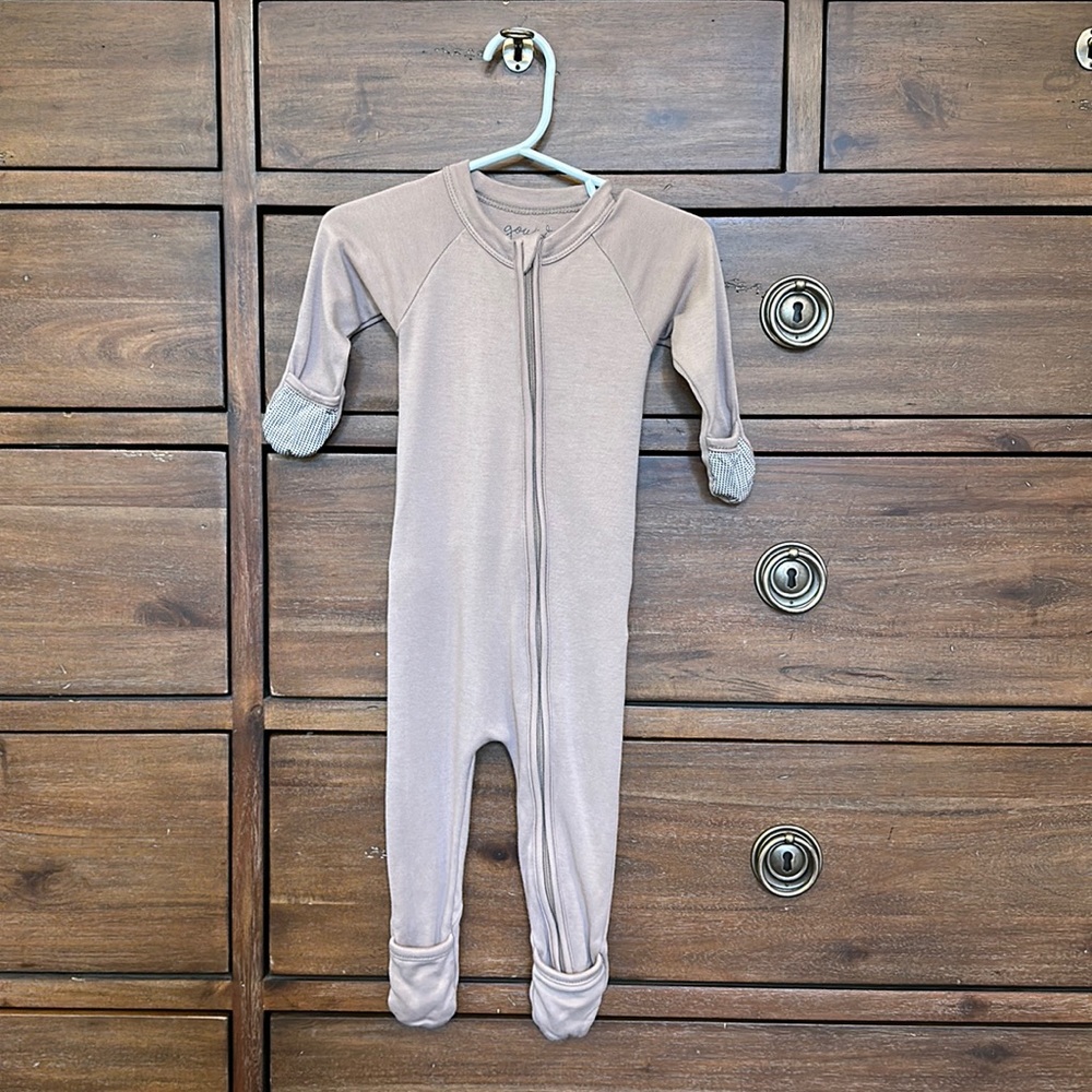 Goumi Footie in Taupe, size 3-6M.